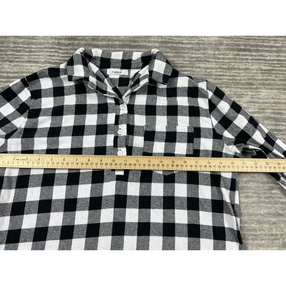 Latuza Sleepshirt Womens Medium Black & White Plaid Long‎ Sleeve Flannel